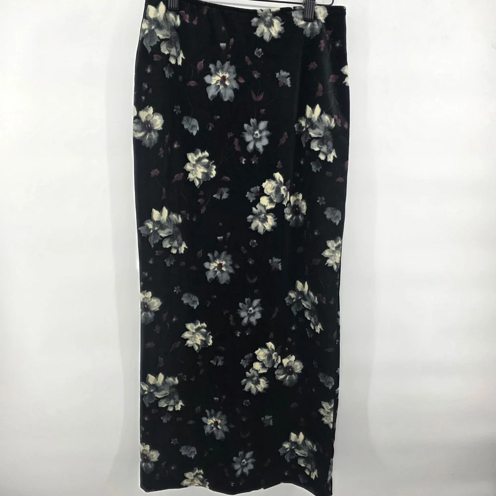 Tracy Evans NYC Vintage sm(5) Black Floral Velvet Maxi Skirt Y2k Friends It Girl